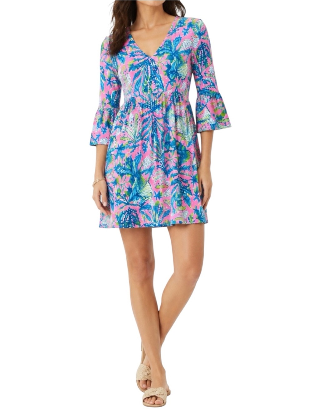 Lilly Pulitzer Jannie V-Neck Mini Dress Pima Cotton Pink Blue Tropical Print